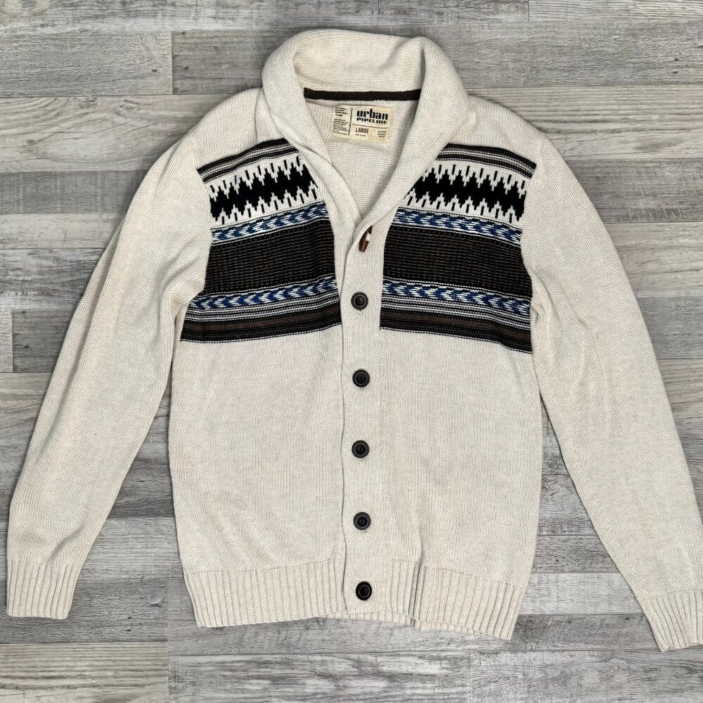 Urban Pipeline Men's Collared Cardigan Size Large Oatmeal, Geometric Print P40